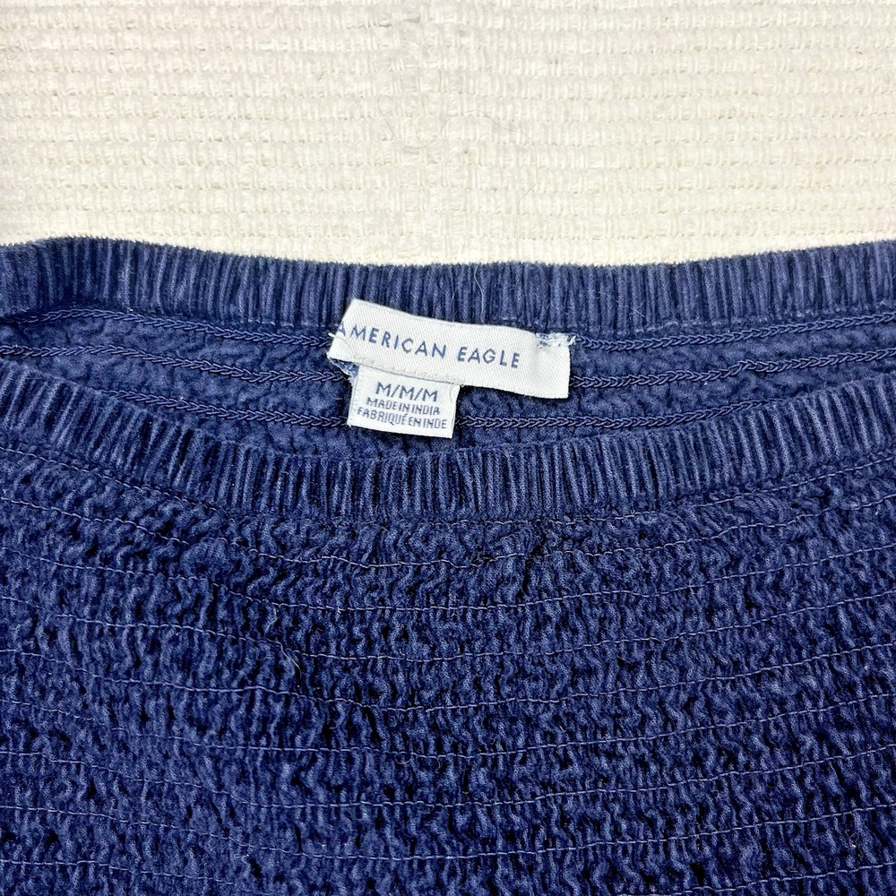 American Eagle Navy ‎ Corduroy Puff Sleeve Smocked Top SZ Med Cottagecore Preppy - Picture 2 of 10